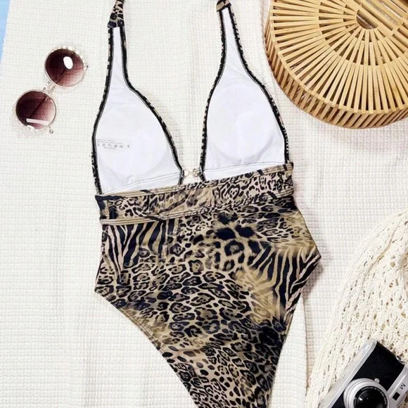 Swim Chiccia Leopard Print Plunge Neck Sexy Backless Swimsuit, Festival Boho - Picture 2 of 4